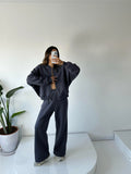 Women's Oversize 3-Thread Brushed Fleece Tracksuit Set – Zip-Up Sweatshirt &amp; Wide-Leg Bottoms – Dark Gray