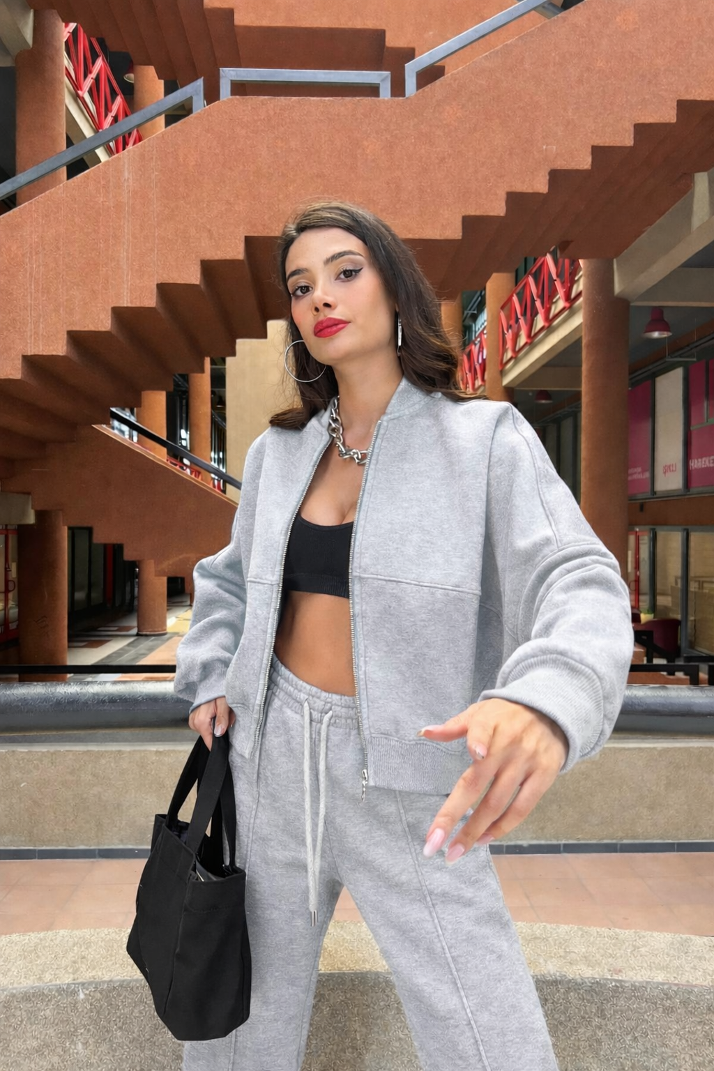 Women's Oversize 3-Thread Brushed Fleece Tracksuit Set – Zip-Up Sweatshirt &amp; Wide-Leg Bottoms – Grey