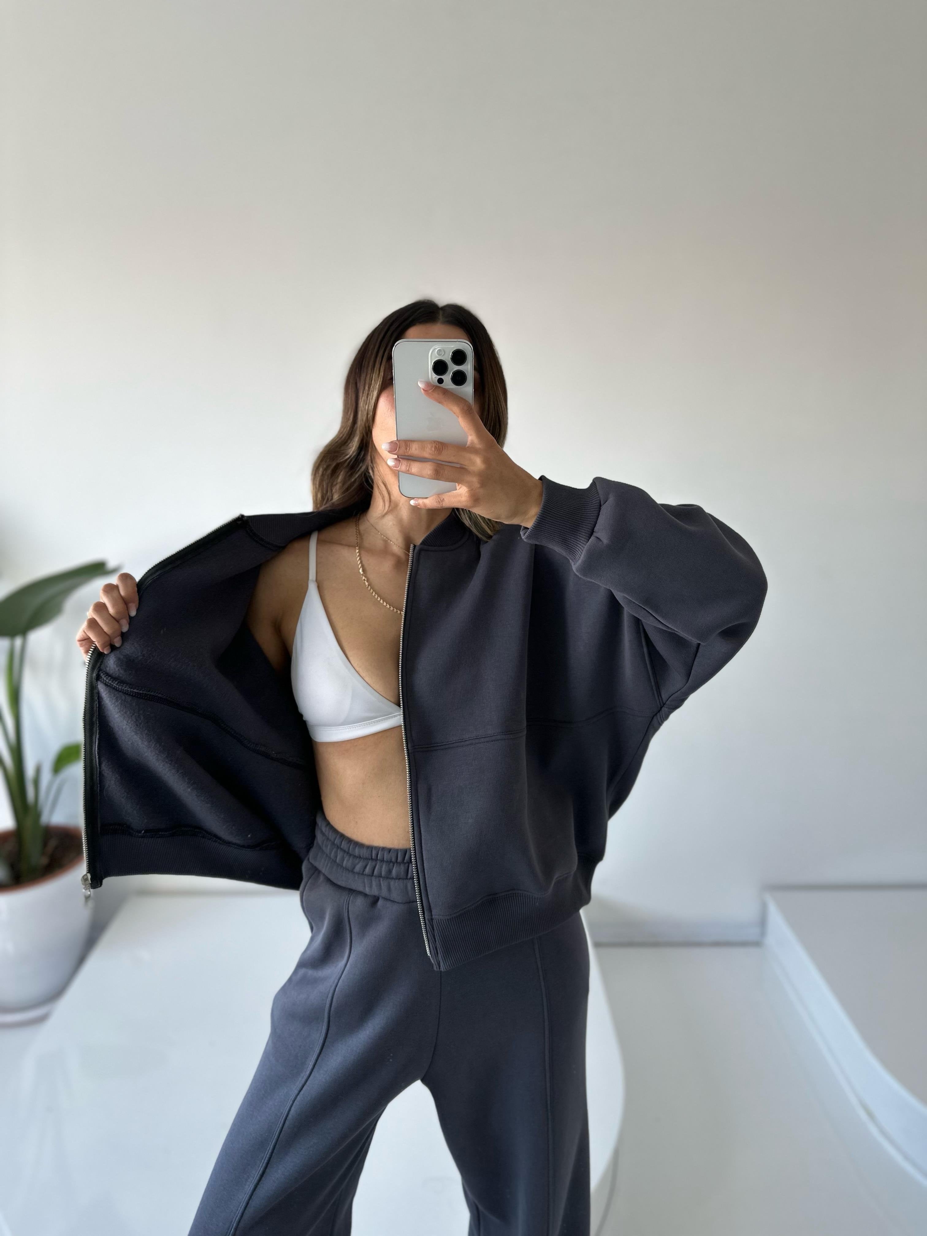 Kadın Oversize 3 İplik Şardonlu Eşofman Takımı – Fermuarlı Sweat & Geniş Paça Alt – Füme