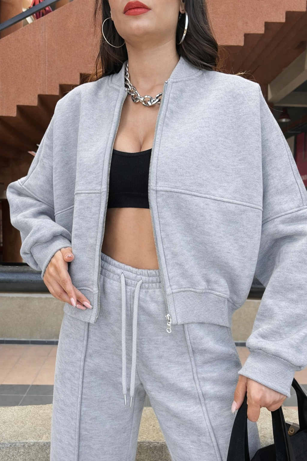 Women's Oversize 3-Thread Brushed Fleece Tracksuit Set – Zip-Up Sweatshirt &amp; Wide-Leg Bottoms – Grey