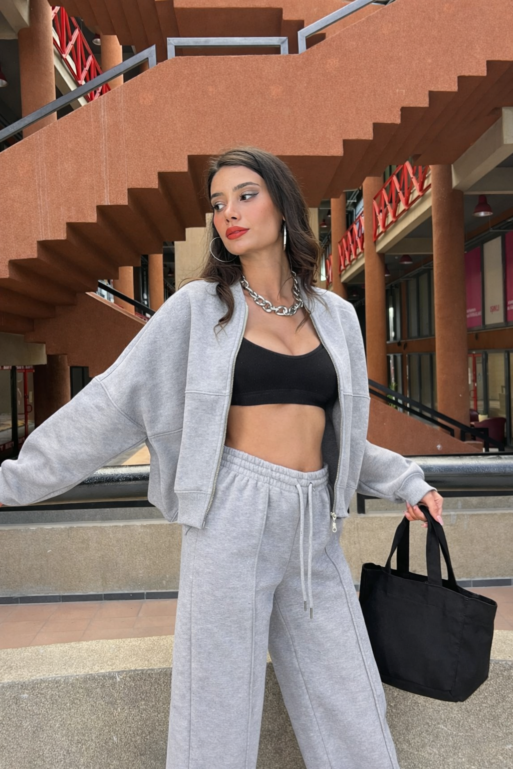 Women's Oversize 3-Thread Brushed Fleece Tracksuit Set – Zip-Up Sweatshirt &amp; Wide-Leg Bottoms – Grey