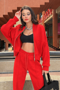 Women's Oversize 3-Thread Brushed Fleece Tracksuit Set – Zip-Up Sweatshirt &amp; Wide-Leg Bottoms – Grey