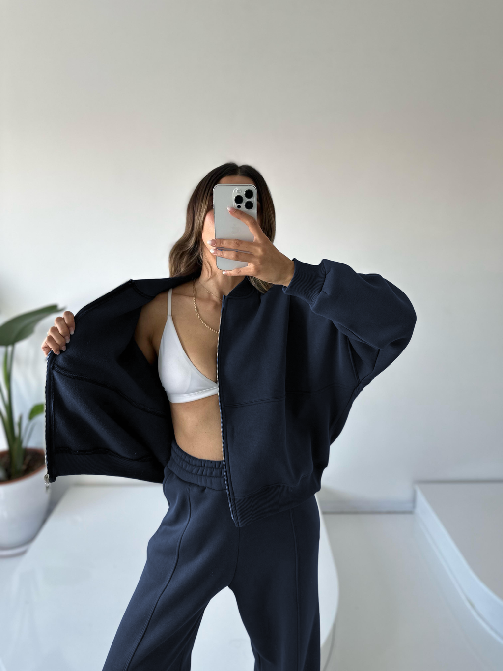 Women's Oversize 3-Thread Brushed Fleece Tracksuit Set – Zip-Up Sweatshirt &amp; Wide-Leg Bottoms – Navy Blue