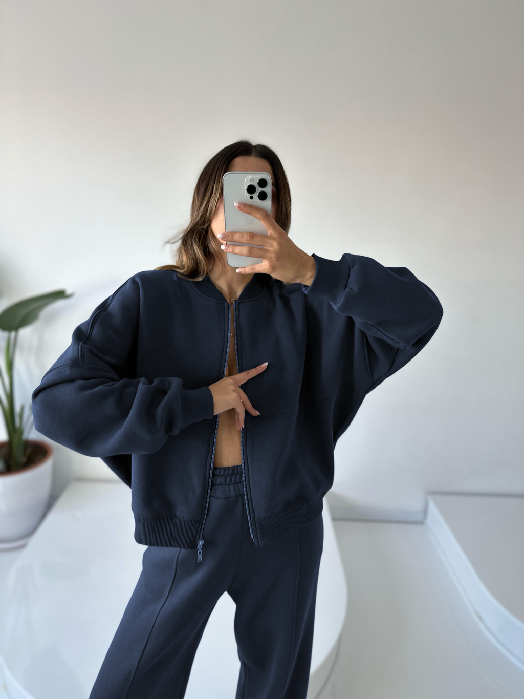 Women's Oversize 3-Thread Brushed Fleece Tracksuit Set – Zip-Up Sweatshirt &amp; Wide-Leg Bottoms – Navy Blue