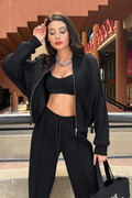 Women's Oversize 3-Thread Brushed Fleece Tracksuit Set – Zip-Up Sweatshirt &amp; Wide-Leg Bottoms – Grey