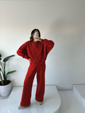 Women's Oversize 3-Thread Brushed Fleece Tracksuit Set – Zip-Up Sweatshirt &amp; Wide-Leg Bottoms – Red
