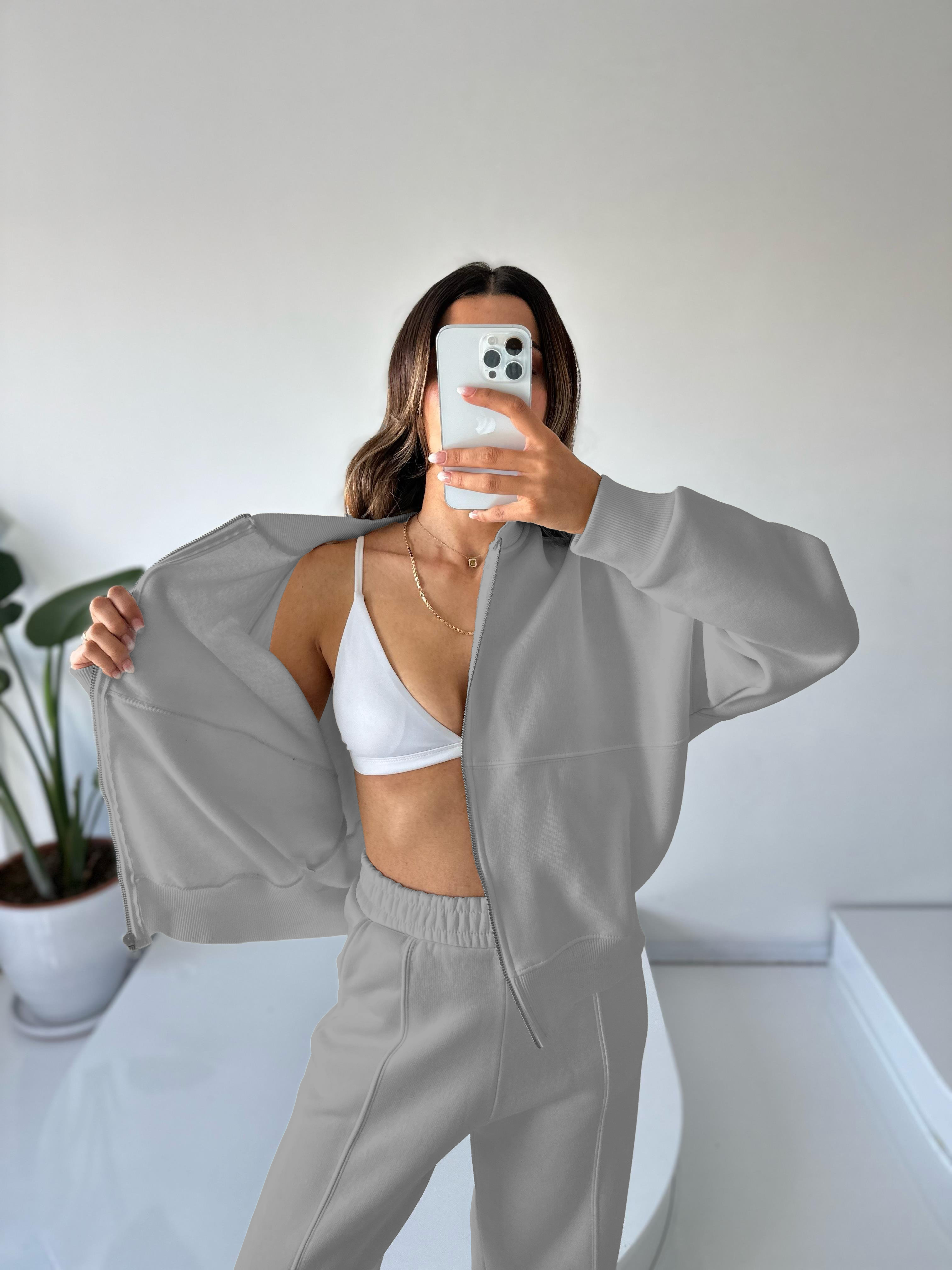 Kadın Oversize 3 İplik Şardonlu Eşofman Takımı – Fermuarlı Sweat & Geniş Paça Alt – Gri