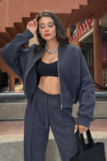 Women's Oversize 3-Thread Brushed Fleece Tracksuit Set – Zip-Up Sweatshirt &amp; Wide-Leg Bottoms – Grey