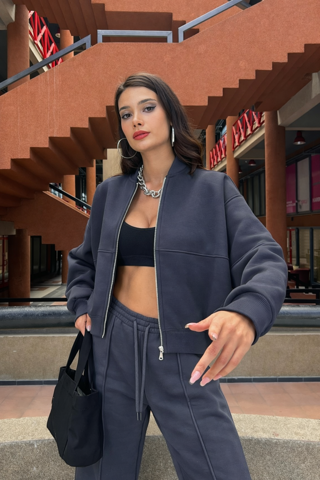 Women's Oversize 3-Thread Brushed Fleece Tracksuit Set – Zip-Up Sweatshirt &amp; Wide-Leg Bottoms – Grey