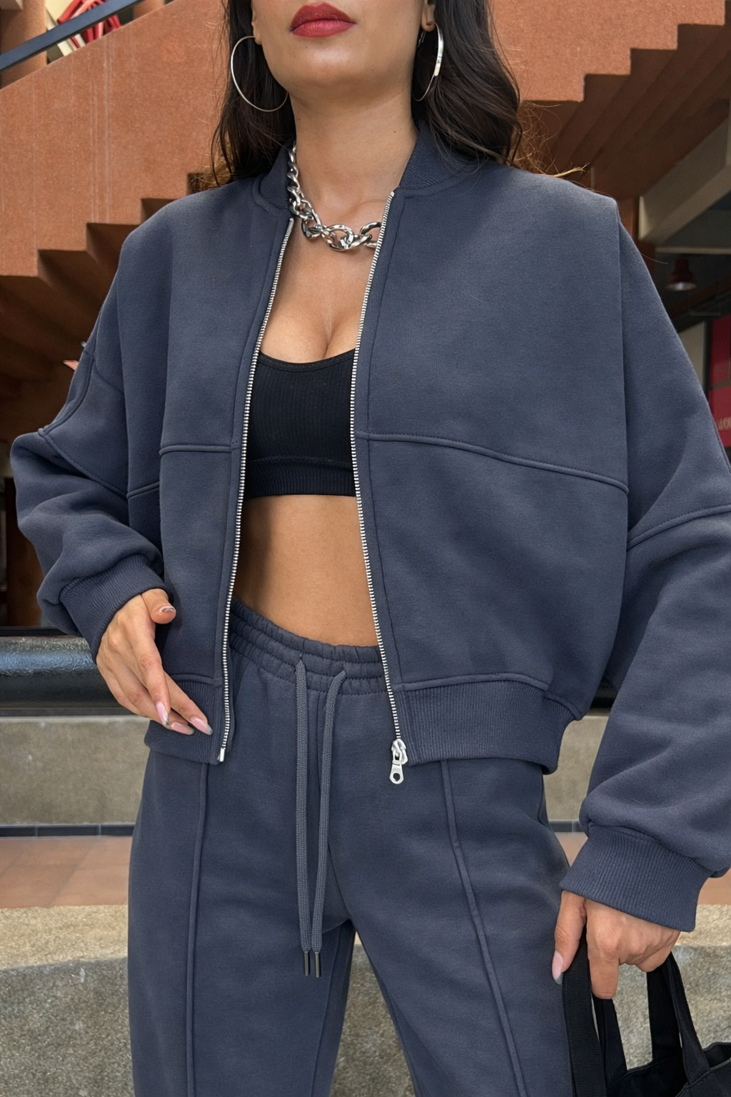 Women's Oversize 3-Thread Brushed Fleece Tracksuit Set – Zip-Up Sweatshirt &amp; Wide-Leg Bottoms – Grey