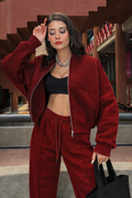 Women's Oversize 3-Thread Brushed Fleece Tracksuit Set – Zip-Up Sweatshirt &amp; Wide-Leg Bottoms – Grey