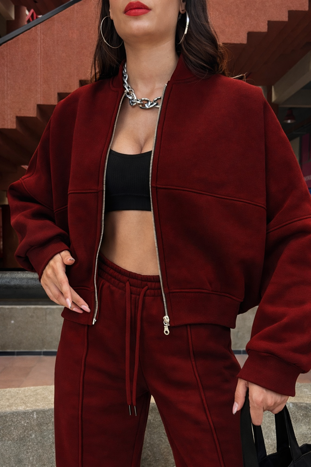 Women's Oversize 3-Thread Brushed Fleece Tracksuit Set – Zip-Up Sweatshirt &amp; Wide-Leg Bottoms – Grey