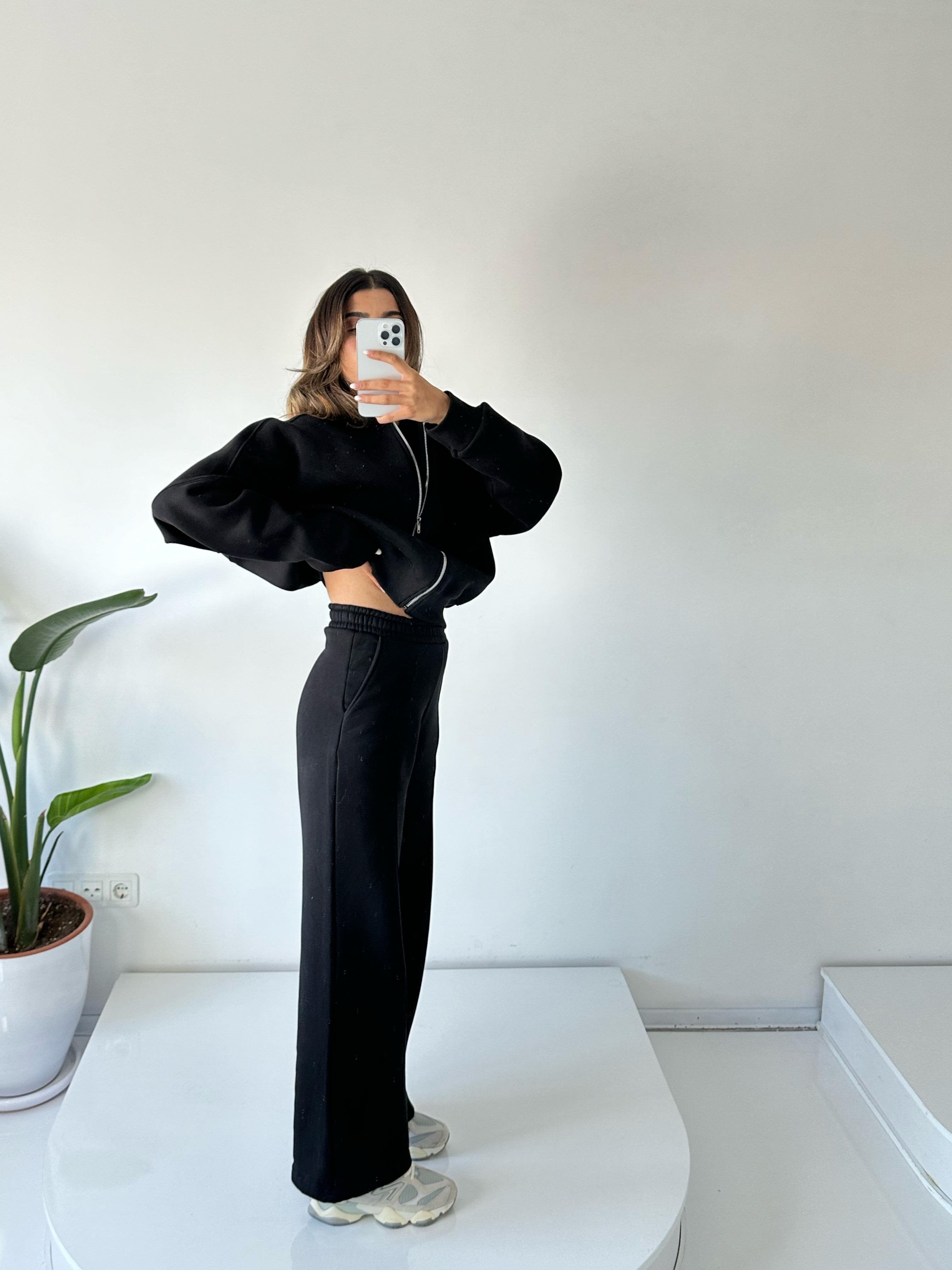 “KADIN Oversize 3 İplik Şardonlu Eşofman Takımı – Fermuarlı Sweat & Geniş Paça Alt – Siyah”