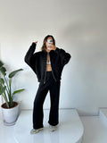 “WOMEN'S Oversize 3-Thread Fleece Tracksuit Set – Zip-Up Sweatshirt &amp; Wide-Leg Bottoms – Black”