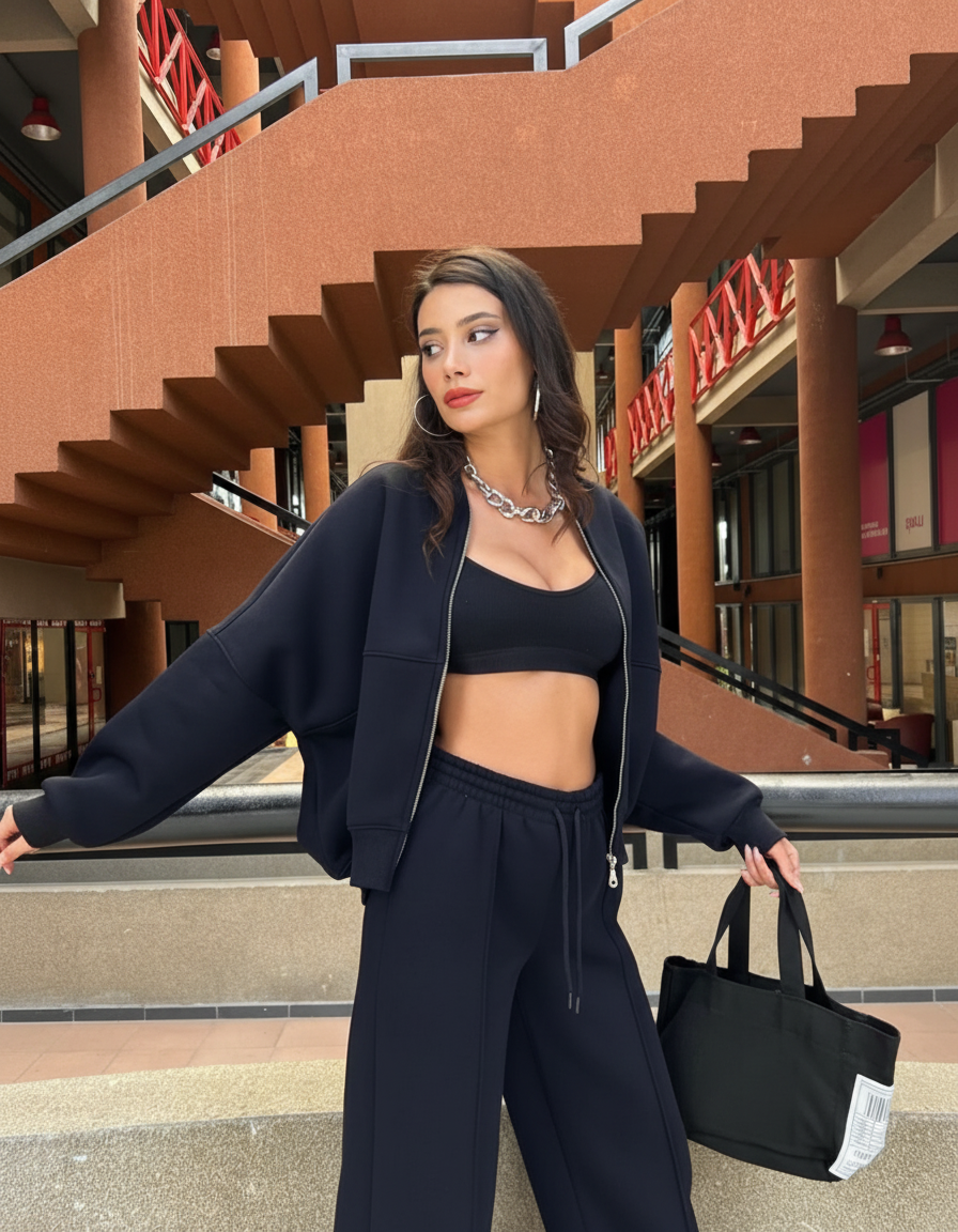 Women's Oversize 3-Thread Brushed Fleece Tracksuit Set – Zip-Up Sweatshirt &amp; Wide-Leg Bottoms – Grey